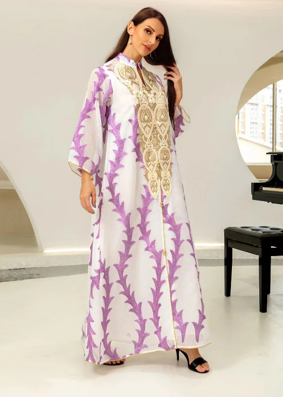 maxi dresses for everyday wearPlus Size Purple Stand Collar Striped Patchwork Tulle Maxi Dresses Long Sleeve