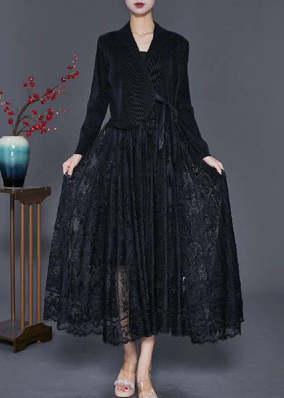 maxi dresses for winter (with tights)Unique Black Tie Waist Lace Patchwork Silk Velour Maxi Dresses Fall