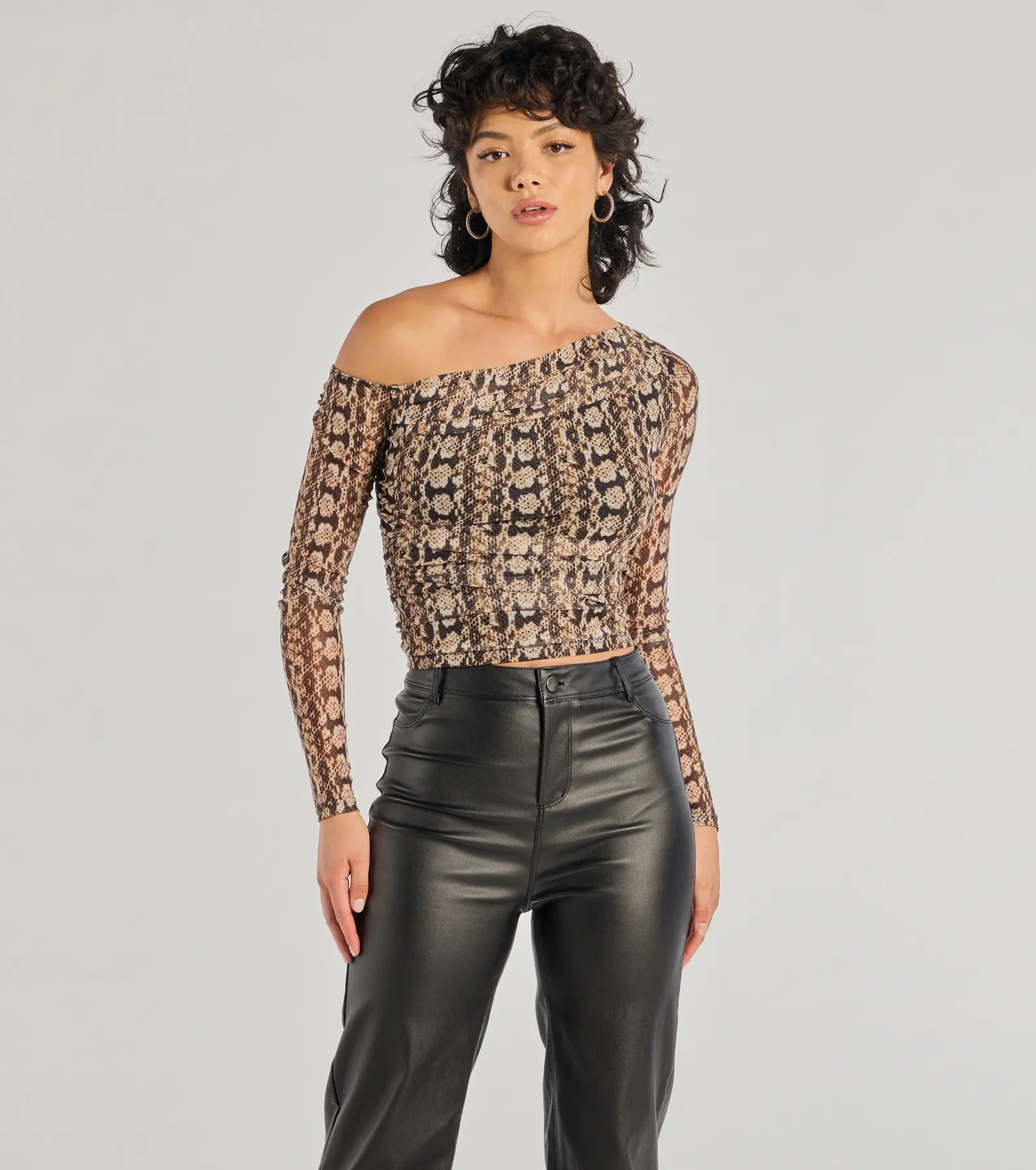 women's tops for those who appreciate subtle and muted tonesBold Edge Snake Print Mesh Long Sleeve Top