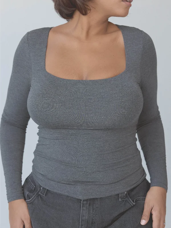 women's tops for those who want to wear pieces that are both comfortable and stylishSolid Square Neck Braless Long Sleeve