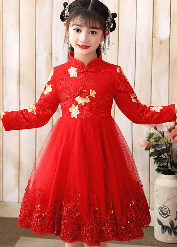 maxi dresses for black-tie eventsRed Stand Collar Sequins Tulle Kids Maxi Dress Long Sleeve