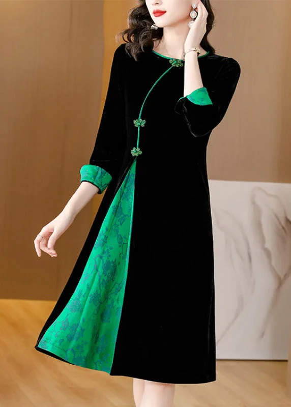 maxi dresses with short sleevesStyle Black O-Neck Print Patchwork Button Silk Velour Maxi Dresses Fall