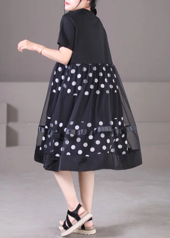 maxi dresses with embroidered patternsPlus Size Black O-Neck Tulle Patchwork Dot Print Cotton Maxi Dress Short Sleeve