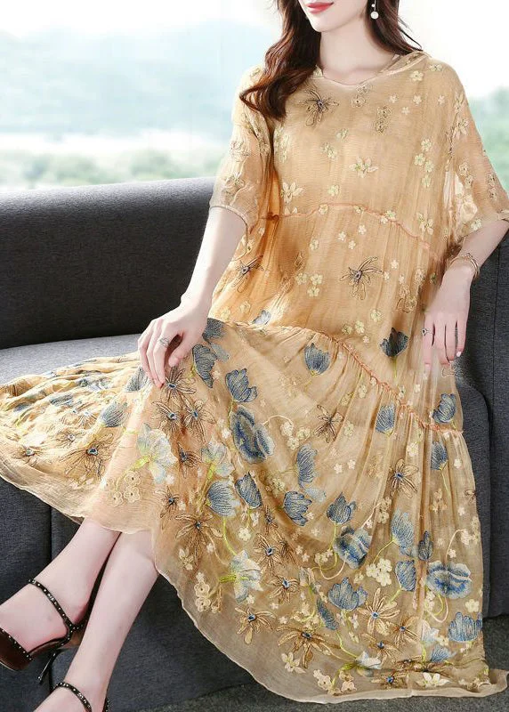 casual maxi dressesItalian Apricot Embroidered Hooded Extra Large Hem Silk Maxi Dresses Summer