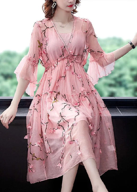 maxi dresses for casual strollsElegant Pink Ruffled Embroideried ChiffonSilk Maxi Dresses Flare Sleeve