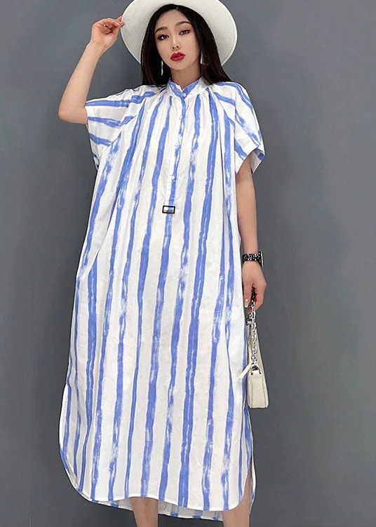 maxi dresses for outdoor weddingsDiy Blue Striped Stand Collar Side Open Cotton Maxi Dresses Short Sleeve