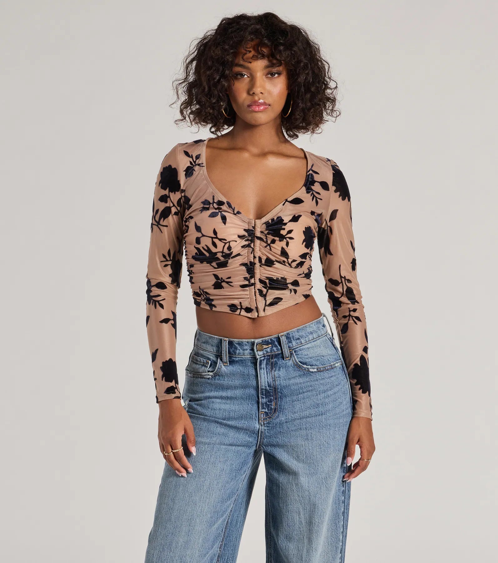 women's tops that offer a perfect blend of style, comfort, and affordabilityCharming Flocked Floral Mesh Long Sleeve Corset Top