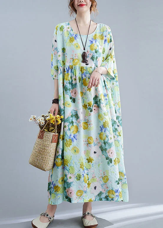 maxi dresses for officeElegant Green Oversized Print Cotton Maxi Dresses Summer