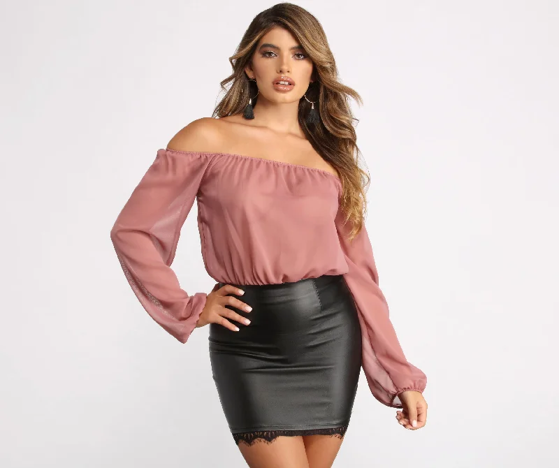 women's tops for those who want to show off their figure in a flattering wayOff The Shoulder Long Sleeve Chiffon Bodysuit