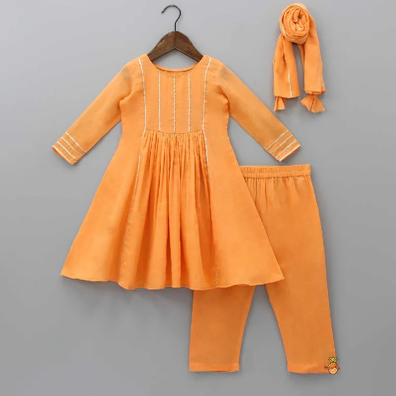 women's casual pantsBeads Adorned Orange Kurti And Pant With Dupatta