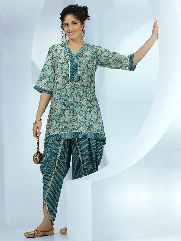 women's capri pantsBlue Printed Silk Blend A-Line Kurta With Dhoti Pants