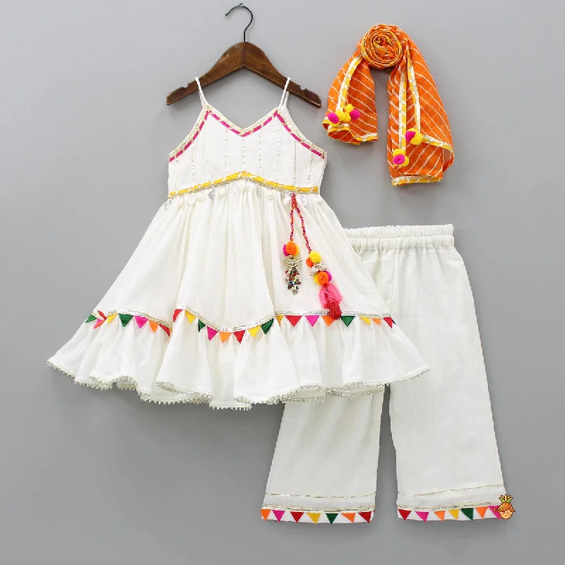 women's nursing pantsColourful Tassels Detailed White Kurti And Palazzo Pant With Orange Leheriya Dupatta