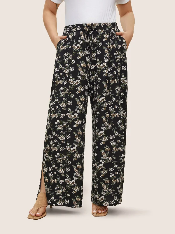 women's mini pantsDitsy Floral Ties Split Hem Wide Leg Pants