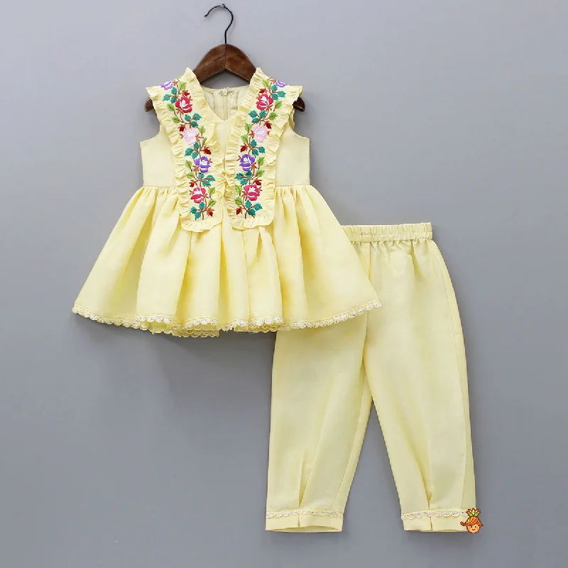 women's high-slung pantsFloral Embroidered Yellow Kurti And Pant