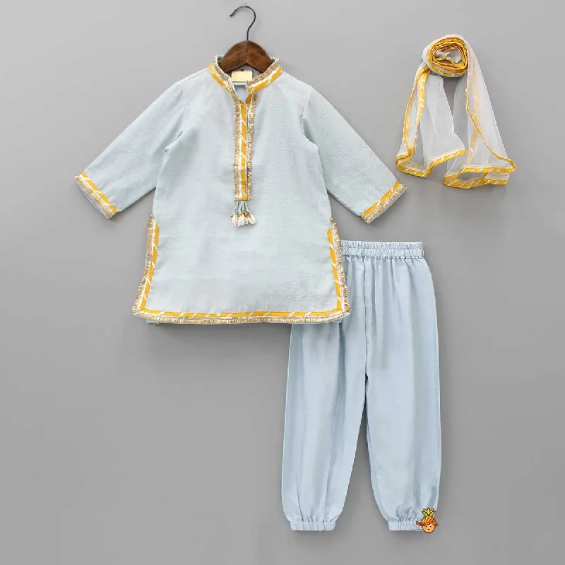 women's embroidered pantsGota Lace Detail Collar And Placket Blue Kurti With Elasticated Hem Stylish Pant And Dupatta