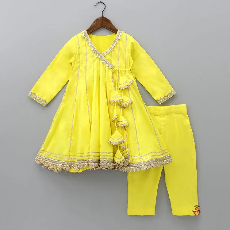 women's spandex pantsGota Lace Detailed Angarkha Style Yellow Kurti And Pant