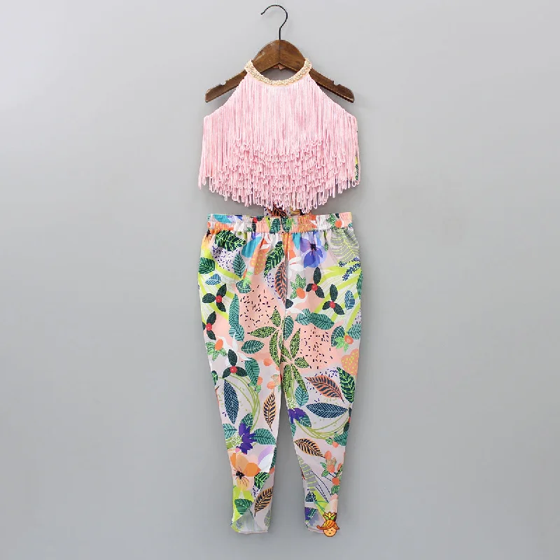 women's skiing pantsHalter Neck Open Back Peach Top And Printed Multicolour Dhoti Style Tulip Pant