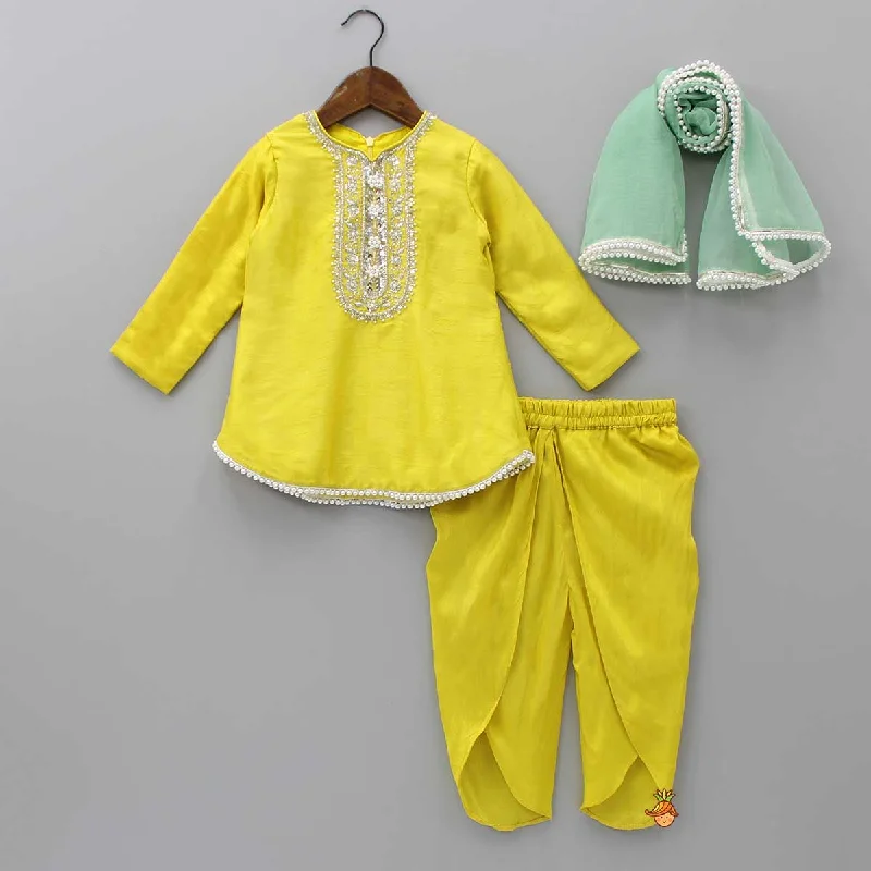 women's patched pantsIntricate Yoke Embroidered Yellow Kurti And Dhoti Pant With Green Dupatta