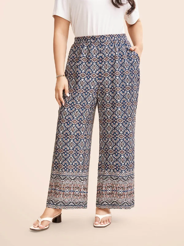 women's straight-leg pantsBoho Print Elastic Waist Wide Leg Pants