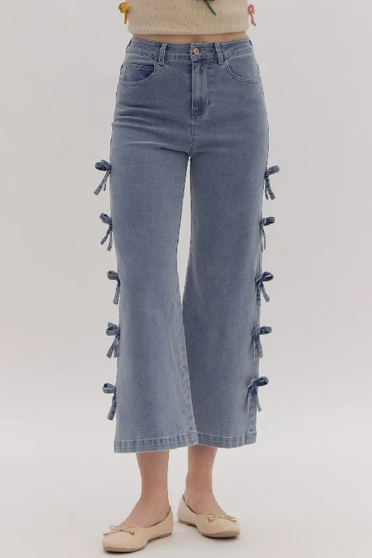 women's ankle-length pantsBow Trimmed Blue Denim Pants