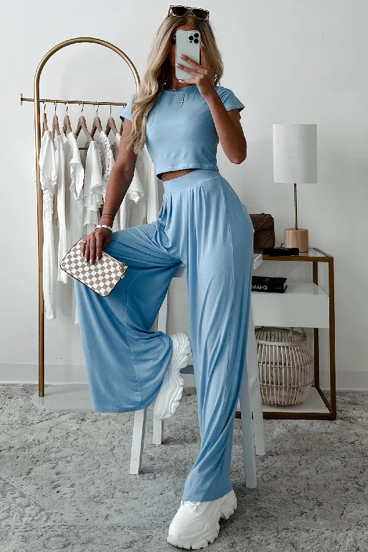 women's workout pantsFashionable Finesse Crop Top & Palazzo Pant Set (Baby Blue)