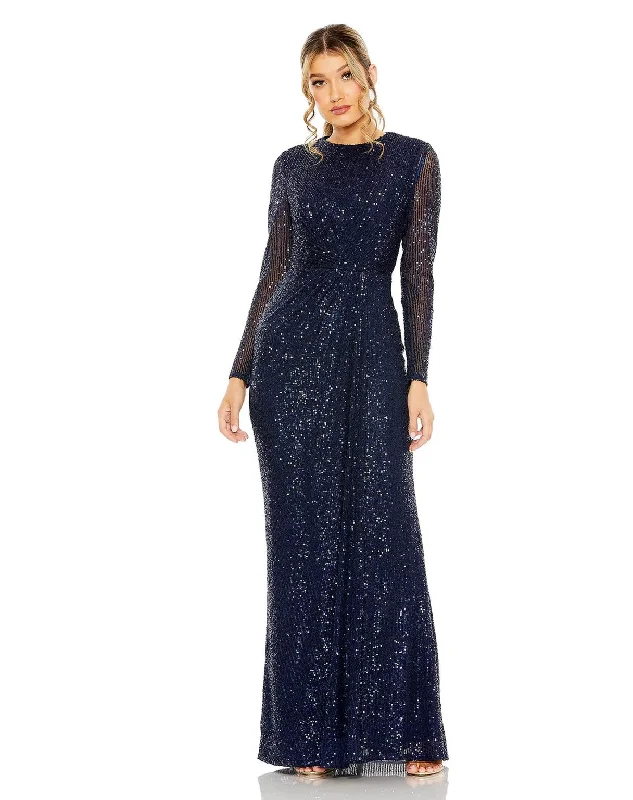 appliquéd gown dressesMac Duggal 11659 Long Sleeve Side Knot Formal Dress