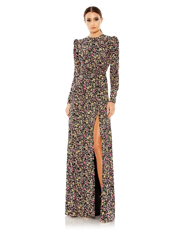 petite gown dressesMac Duggal 26916 Long Sleeve Floral Print Formal Dress