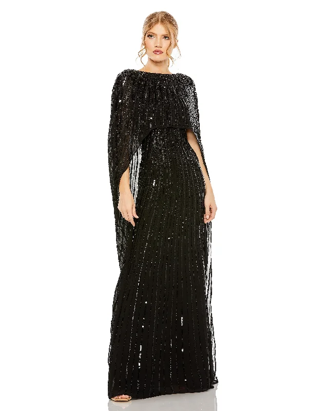 long-sleeved gown dressesMac Duggal 93869 Long Cape Sleeve Formal Dress