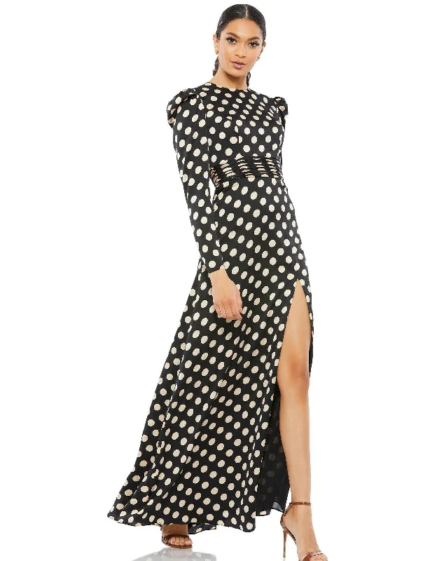 minimalist gown dressesMac Duggal 26572 Long Sleeve Polka Dot Formal Dress