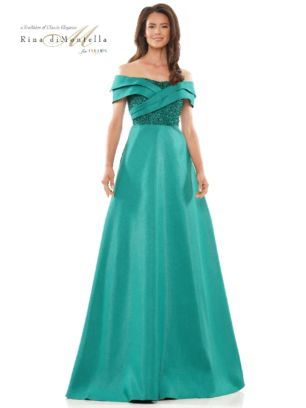 gown dresses with trainsRina di Montella Long Off Shoulder Formal Dress 2812