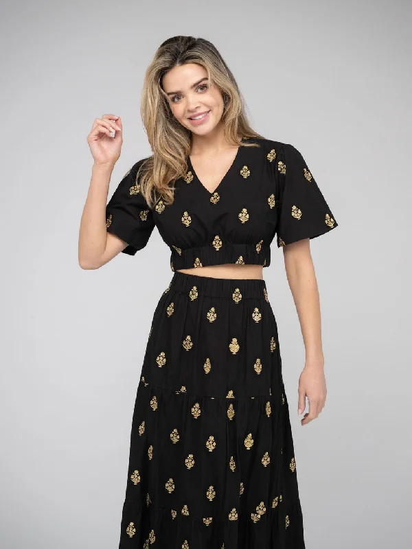 women's tops for summer festivalsThe Abby Top | Gold & Black Embroidery