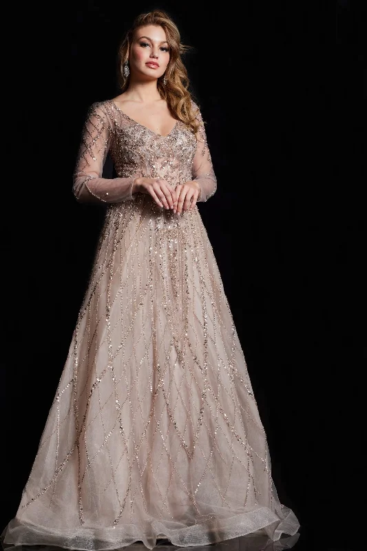 petite gown dressesJovani 38589 Long Sleeve Beaded A Line Formal Dress