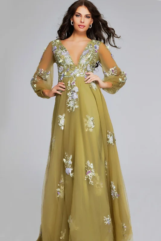 high-slit gown dressesJovani J37607 Floral Long Sleeve Mother of the Bride Formal Dress