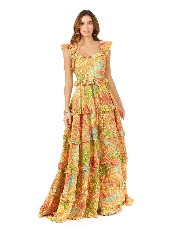 halter gown dressesLara Dresses 29280 Long Ruflled Printed Formal Dress