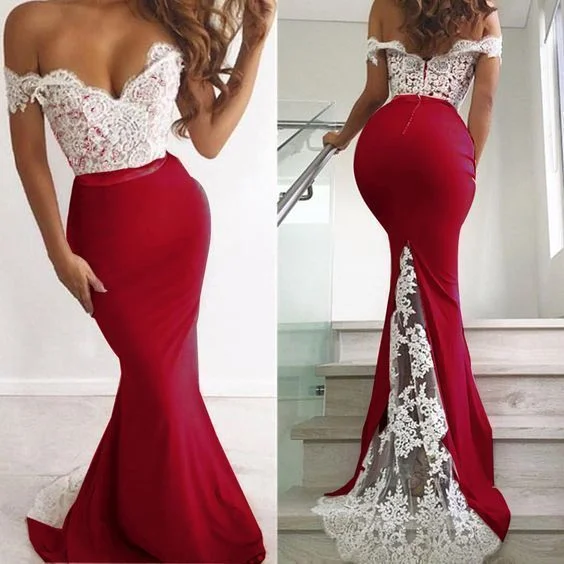 prom dresses for winter2022 Sexy Prom Dresses Red Off Shoulder Lace Sweetheart White     S798