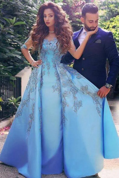 backless prom dressesA line Blue Half Sleeve Satin Beads Prom Dresses Sweetheart Lace Appliques Formal Dress