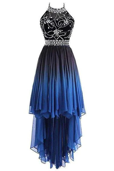 two-piece prom dressesA Line Halter Beaded Blue High Low Chiffon Ombre Lace up Long Prom Dresses