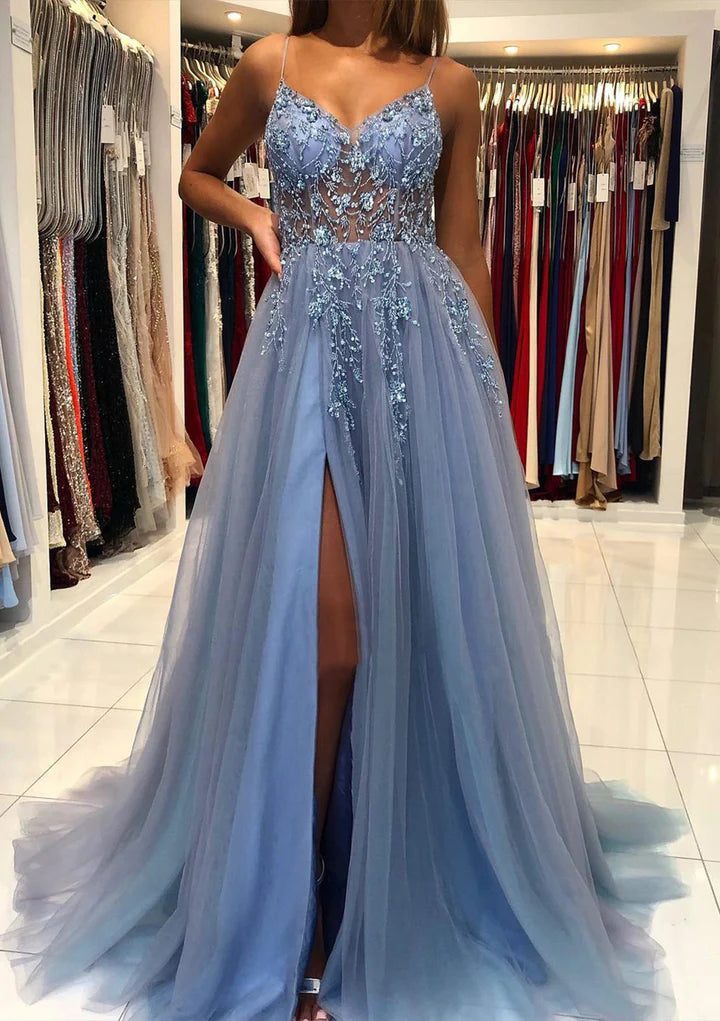 backless prom dressesA-Line/Princess V-Neck Spaghetti Straps Long Prom Dresses With Split Side