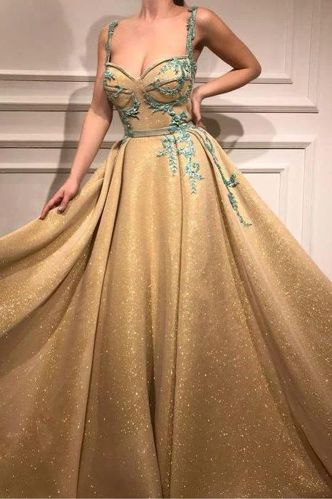 beaded prom dressesA Line Spaghetti Straps Sweetheart Gold Rhinestone Sparkly Appliques Prom Dresses