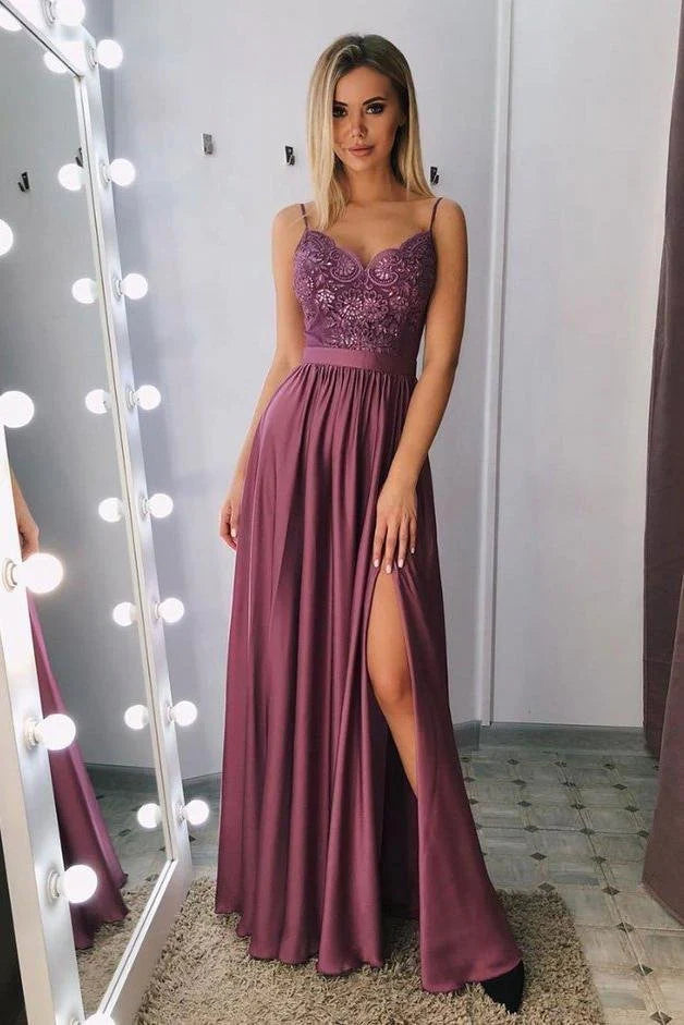 prom dress shopping tipsA Line Spaghetti Straps V Neck Purple Lace Side Slit Prom Dresses Dresses