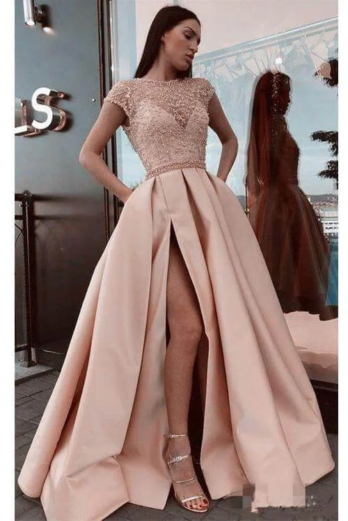 high-low prom dressesA Line Stunning Satin Beads Cap Sleeves Prom Dresses with High Slit Pockets