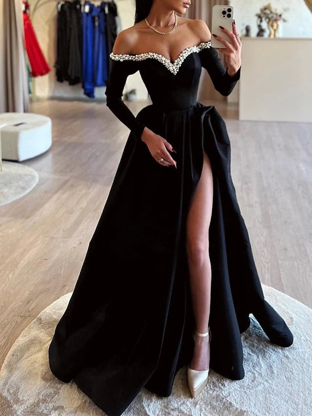 affordable prom dressesBall Gown Off-The-Shoulder Floor-Length Long Prom Dresses With Split Side & Beading