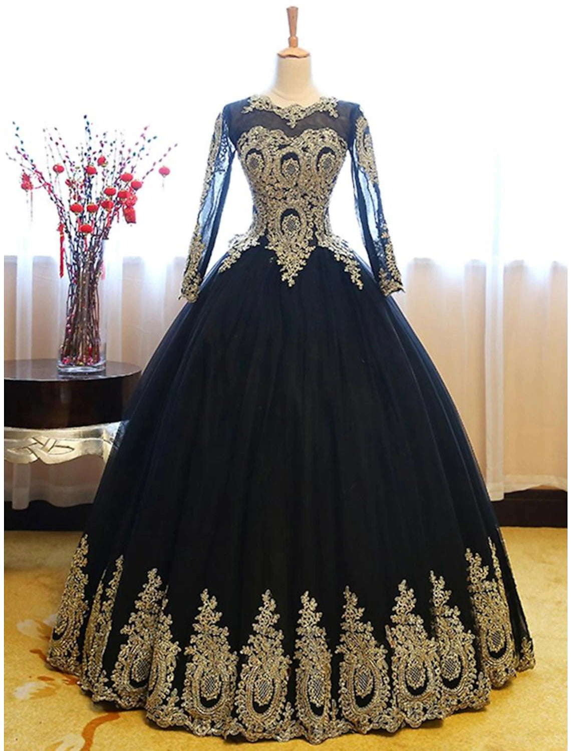 elegant prom dressesBall Gown Prom Black Dress Vintage Dress Halloween Floor Length Long Sleeve Jewel Neck Lace with Appliques