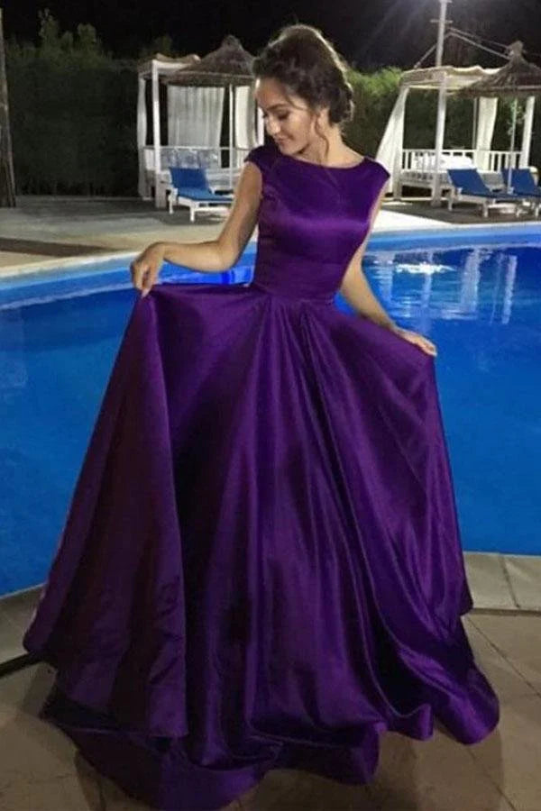 metallic prom dressesBall Gown Satin Sleeveless Bateau Purple Backless Prom Dresses