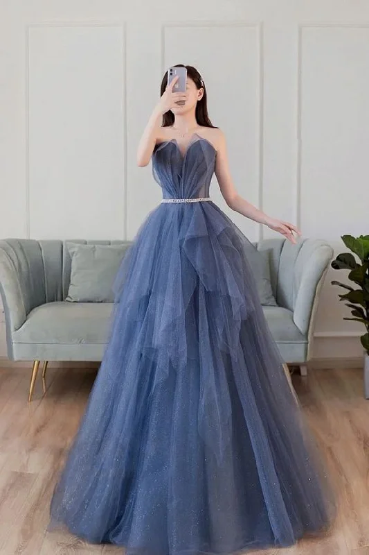 petite prom dressesBlue sweetheart neck tulle long prom dress blue tulle formal dress     S885