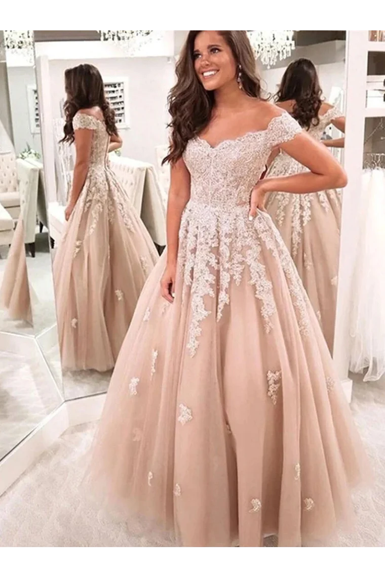 mid-length prom dressesCharming Ball Gown Tulle Off The Shoulder Formal Prom Dresses With Appliques