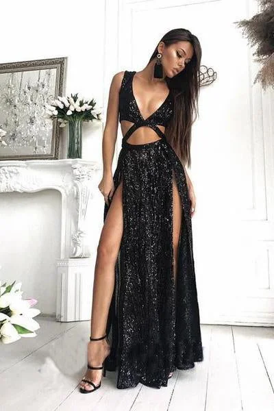 lace prom dressesCharming Sexy Sequin Sparkly Simple Rose Gold and Black Split Fashion Prom Dresses