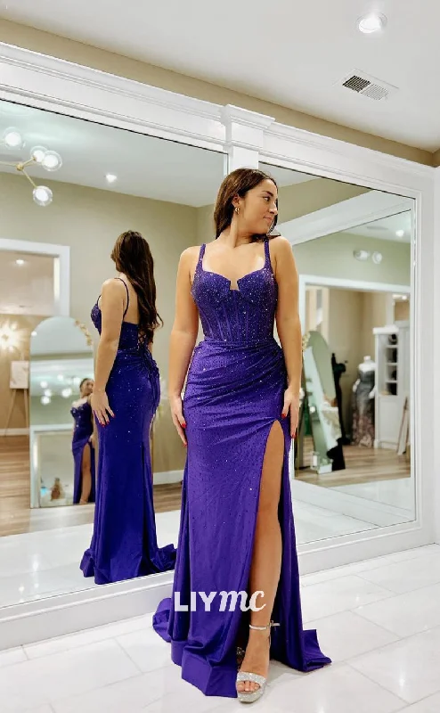 bespoke prom dressesLP1068 - Spaghetti Straps Beads Mermaid Long Formal Prom Dress with Slit