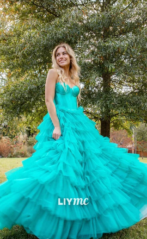 corset prom dressesLP1074 - A Line Sweetheart Tulle Tiered Long Formal Prom Dress with Slit