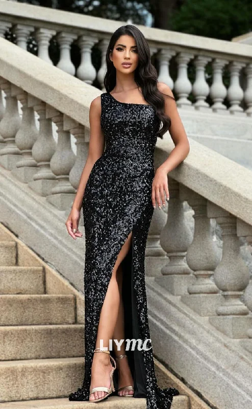 illusion neckline prom dressesLP1076 - Sheath/Column One Shoulder Fully Sequins Black Formal Prom Dress with Slit